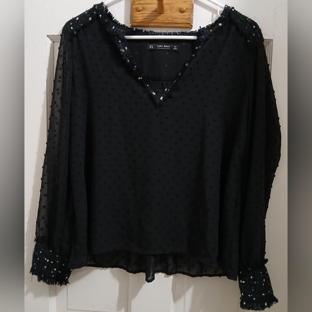 Zara- Black Swiss-Dot V-Neck Chiffon Blouse, Sheer Sleeves W/ Tweed Trim,M, NWOT